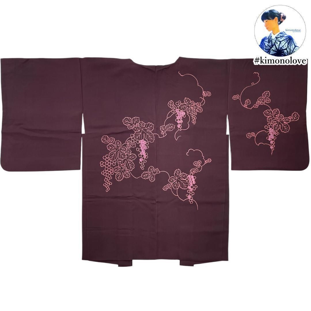 羽織 絵羽織 正絹 染め 刺繍 蔦葡萄 渋い赤紫 羽織紐付き 着物 kimonolove リユース品 オゾン消臭サービス A-2185