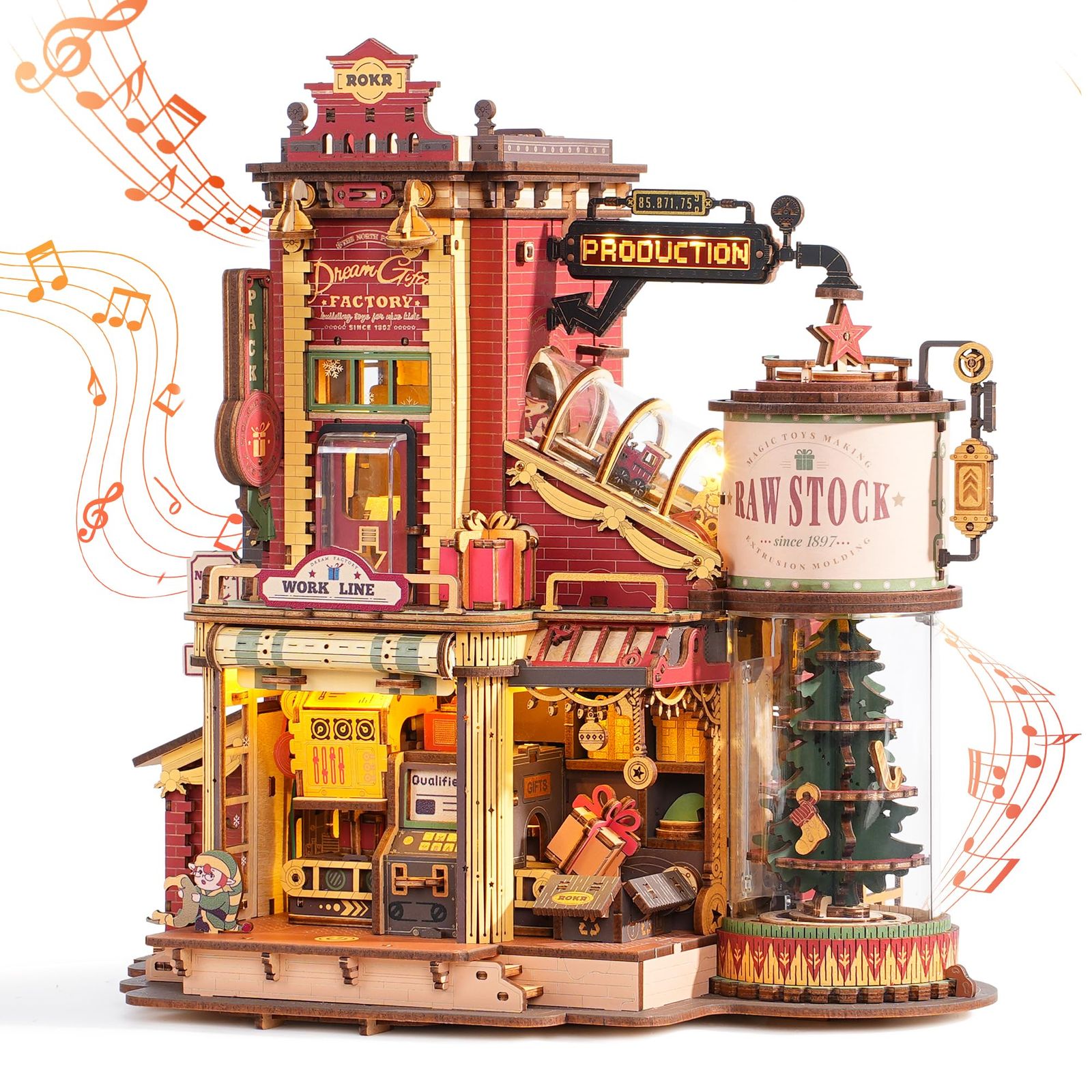 ROKR 立体パズル 3D木製パズル ギフト工場 光の効果と音楽付き クリスマスツリー インテリア装飾 雰囲気作り 玄関 工作キット DIY 組み立て オルゴール 暇つぶし 知育玩具 中学生 大人向け に最適 女の子へのギフト バレンタインデー 誕
