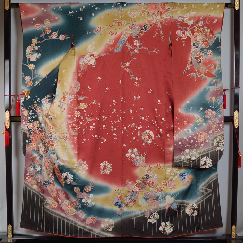 振袖セット 振袖・袋帯 2点 セット Mサイズ 少難有品 着付け練習用 【 中古 踊り 着物 セット リサイクル 振袖 リサイクル着物 正絹 お茶 卒業式 成人式 お稽古 販売 振袖 アウトレット 古典柄 購入 振り】