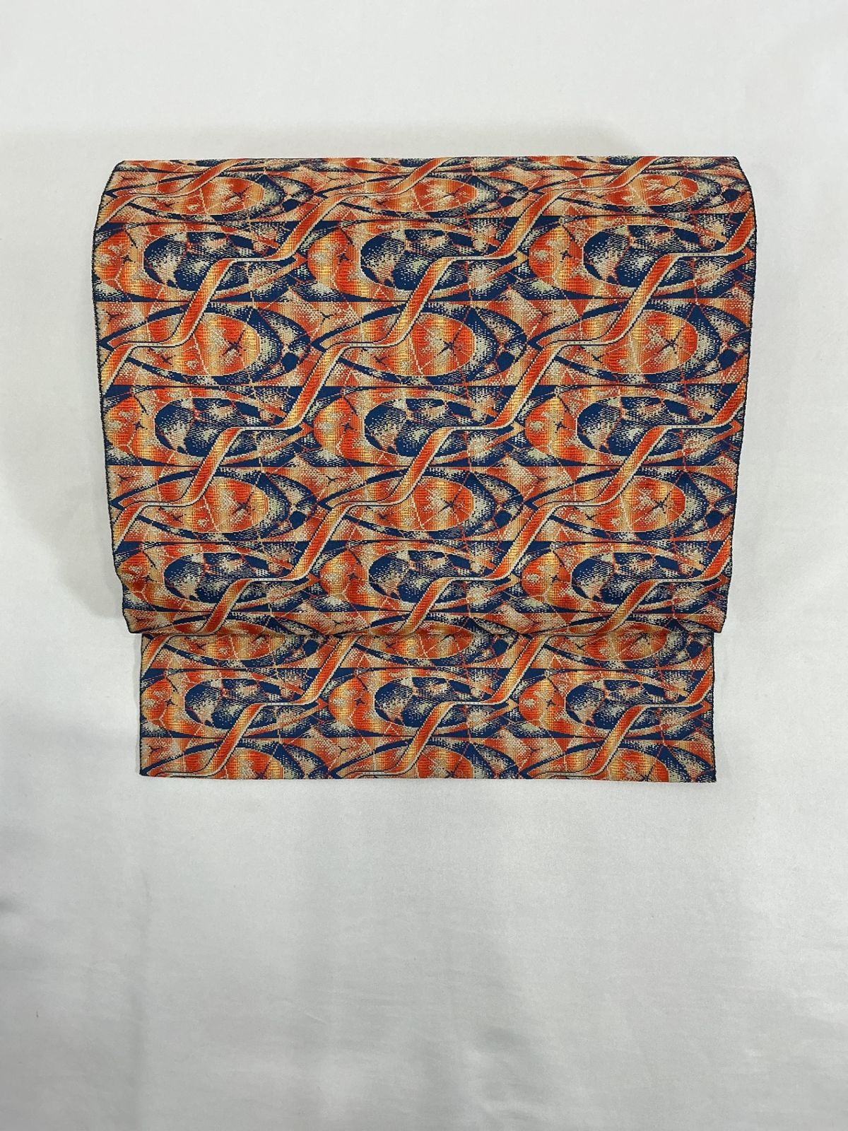 八寸なごや帯/未使用品/正絹/青×オレンジ/全通/美品/仕立