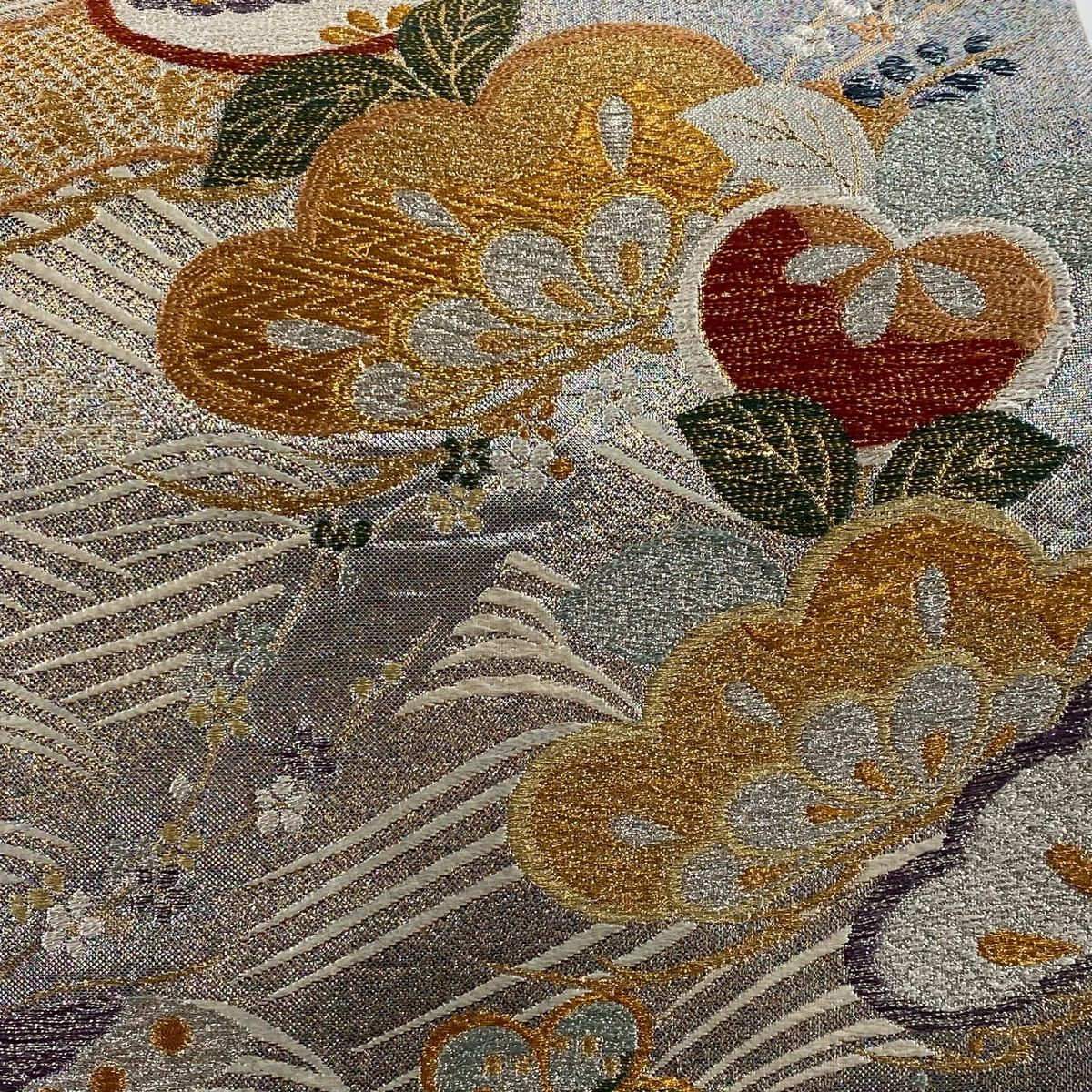 袋帯 美品 秀品 橘 笠松 金銀糸 唐織 銀色 六通 正絹 【中古