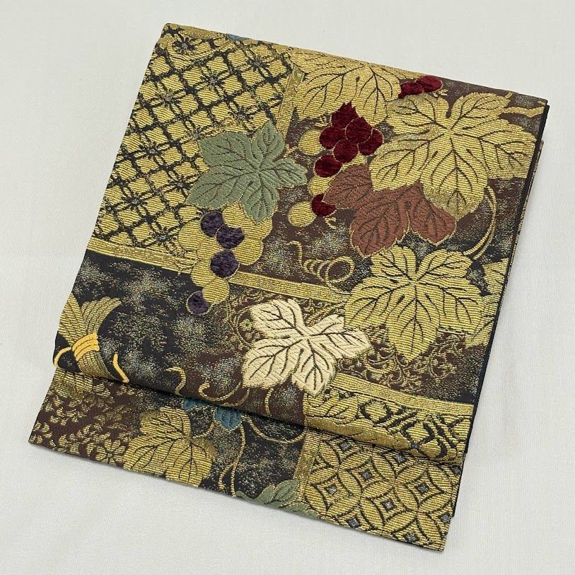 ゆりのはな 袋帯 金華山織 全通全景帯 五穀豊穣 金華山織 シルクモール糸 稲穂と米 葡萄唐草 柿 瓢箪 桃 栗 いちご 南天 橘 青海波 七宝 幸菱 西陣 金糸 刺繍 全通 正絹 仕立て上がり 木 き 5J275