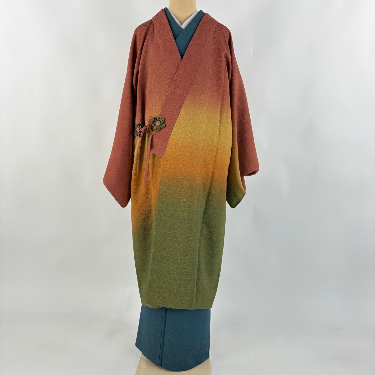 道中着 身丈115cm 裄丈69cm L 和装コート 着物衿 霞 ぼかし 灰緑 正絹 秀品