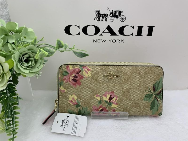 コーチ 長財布 COACH 財布 シグネチャー カーキ×花柄 アコーディオン ウォレット プレゼント 贈り物 ギフト ラウンドファスナー ロング ジップ ファッション レディース 新品 未使用 F73345 C085Z-25