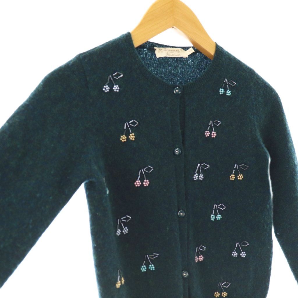 ボンポワン BONPOINT チェリービーズ刺繍カシミヤカーディガン