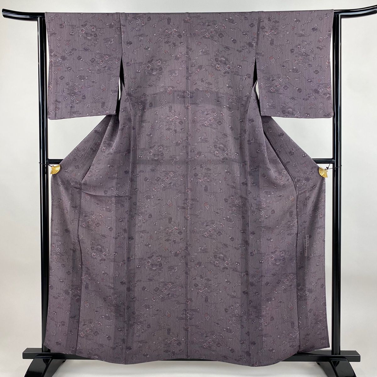 小紋 身丈158.5cm 裄丈63cm S 単衣 落款 器物 草花 灰紫 正絹 秀品