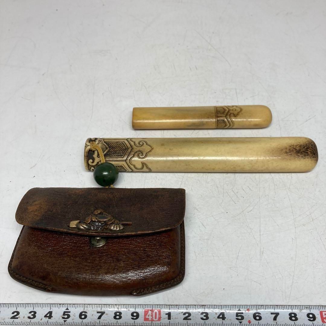 江戸時代 極上彫 骨製煙管筒 煙草入 重さ106g 東H5-1010②