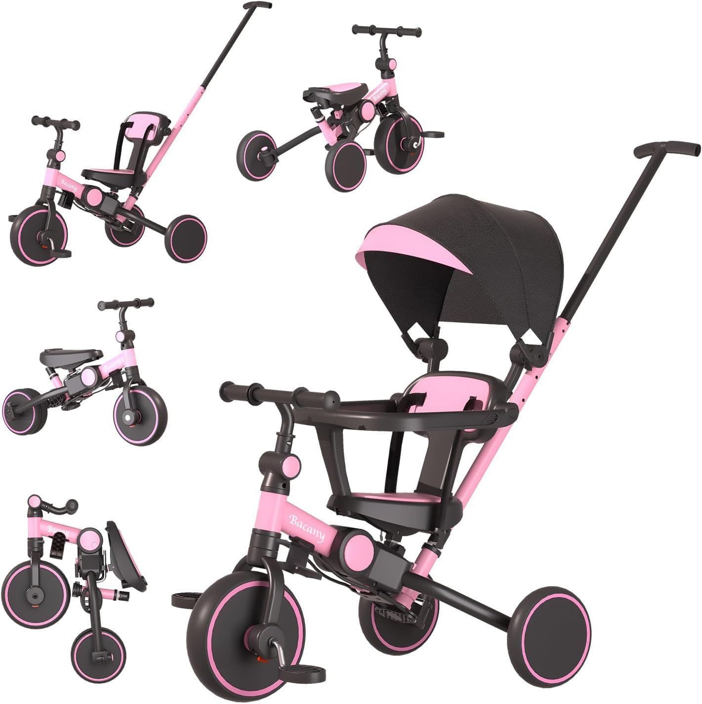 お祝い 調整 おもちゃ おもちゃ プレゼント ギフト キッズバイク 幼児用 乗用玩具 自転車 コンパクト シートベルト付き 1歳-6歳 おしゃれ 手押し棒 折りたたみ ステップ付き ピンク 三輪車 7in1 子供用三輪車 Bacany