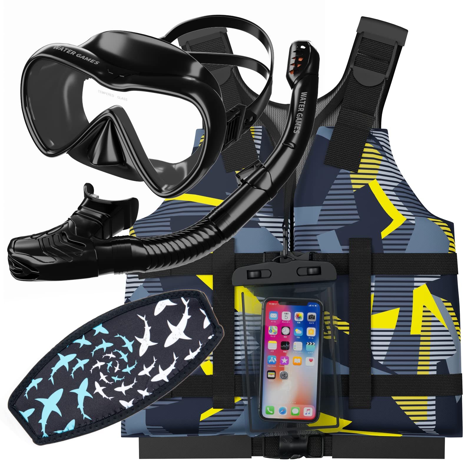 WATER GAMES シュノーケル マスク ライフベスト3点セット 防水スマホケース マスクストラップカバー付き Bセット Bセット
