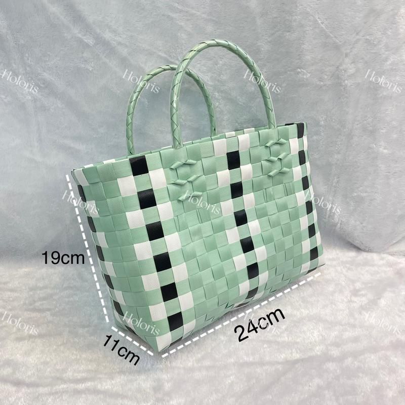 プラかごバッグ プラカゴ PPバンド 深緑 白 ホワイト グリーン プラかご V78 ハンドメイド PPバンド ハンドメイド プラカゴバッグ Sサイズ グリーンx白 ベトナムカゴ PPバンド