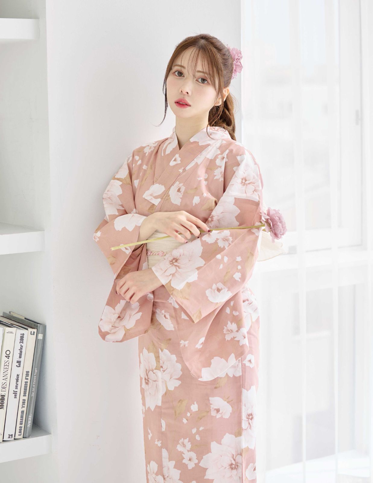 新品 浴衣セット ホワイト花柄【くすみグリーン地/くすみピンク