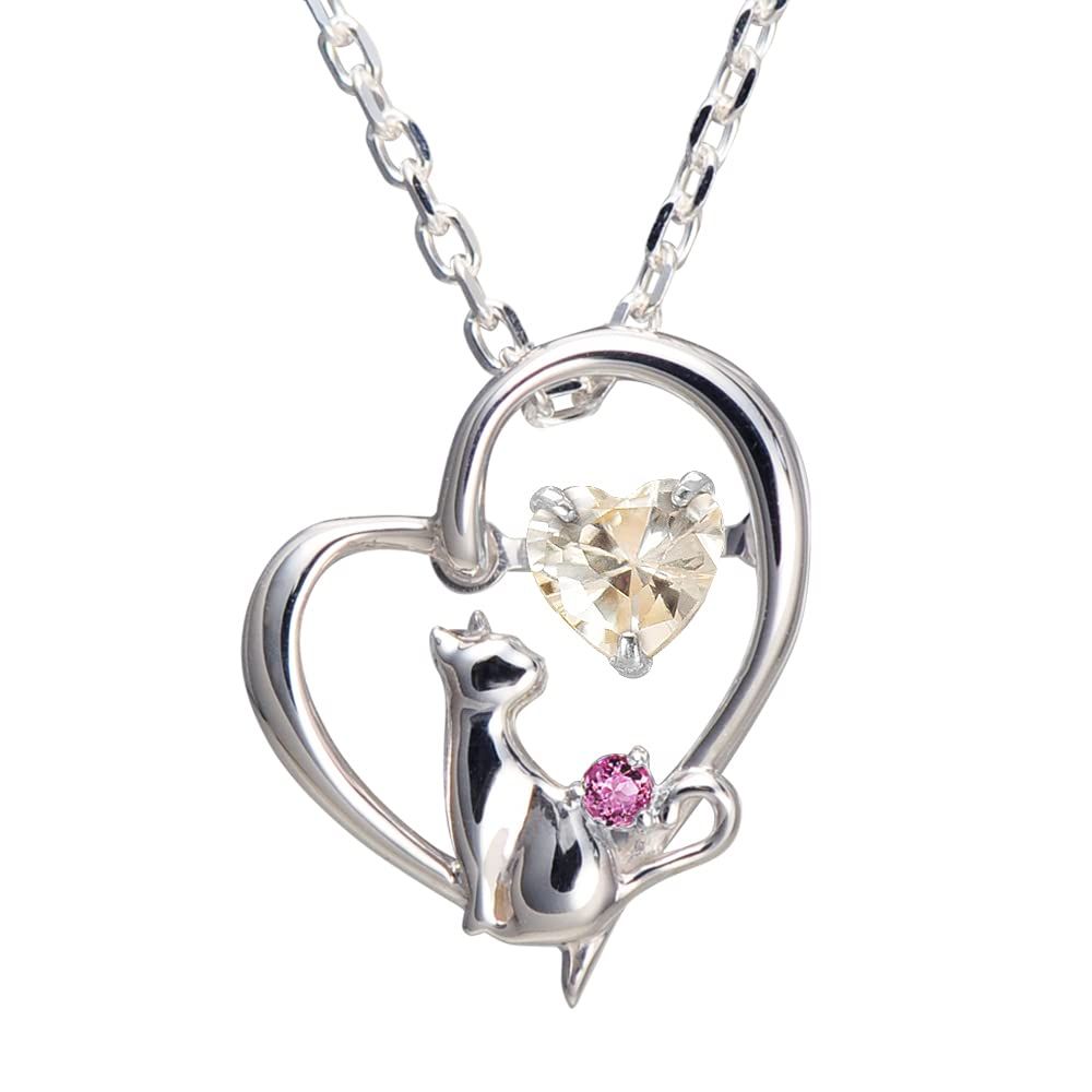 未来天使 ネックレス レディース ハート 猫 ダンシングストーン シルバー 選べる 誕生石 シャンパンゴールドカラー 1月 ロードライトガーネット