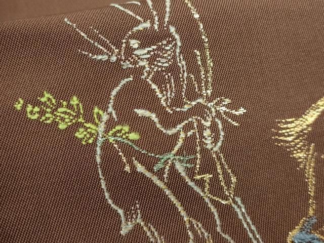 平和屋本店□最高級 龍村平蔵製 太鼓柄 本袋帯 とばえまき錦 枯茶色地  