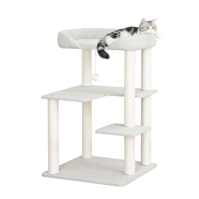 LULUCAT キャットタワー 据え置き 高さ93cm おしゃれ 宇宙船 多頭飼い コンパクト インテリア性 低め 低い 麻生地張り スリム コーナー 省スペース ライトグレー クリアボウル 成猫 子猫 キャットツリー 猫タワー 狭い部屋向け 安定感 シン 0