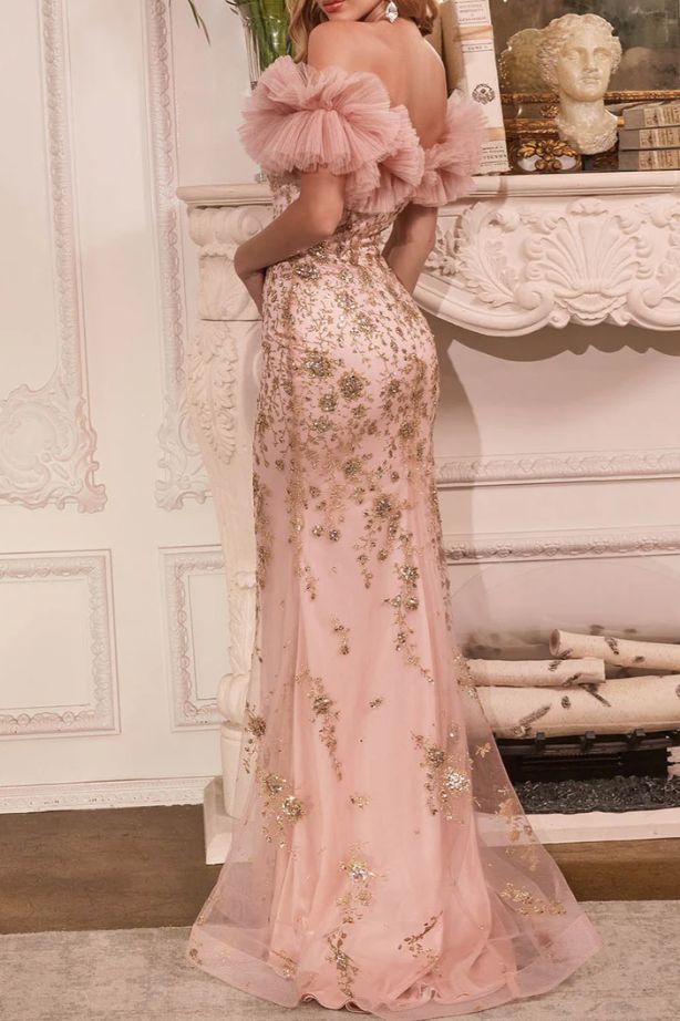 ストラップレス ファー付き レース マーメイド ロングドレス