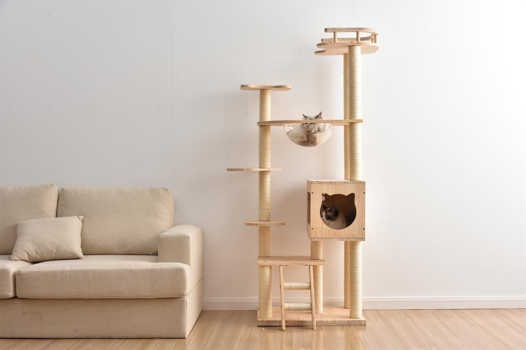 キャットタワ透明宇宙船頑丈据え置きおしゃれキャットタワー木製 麻紐ペット用品