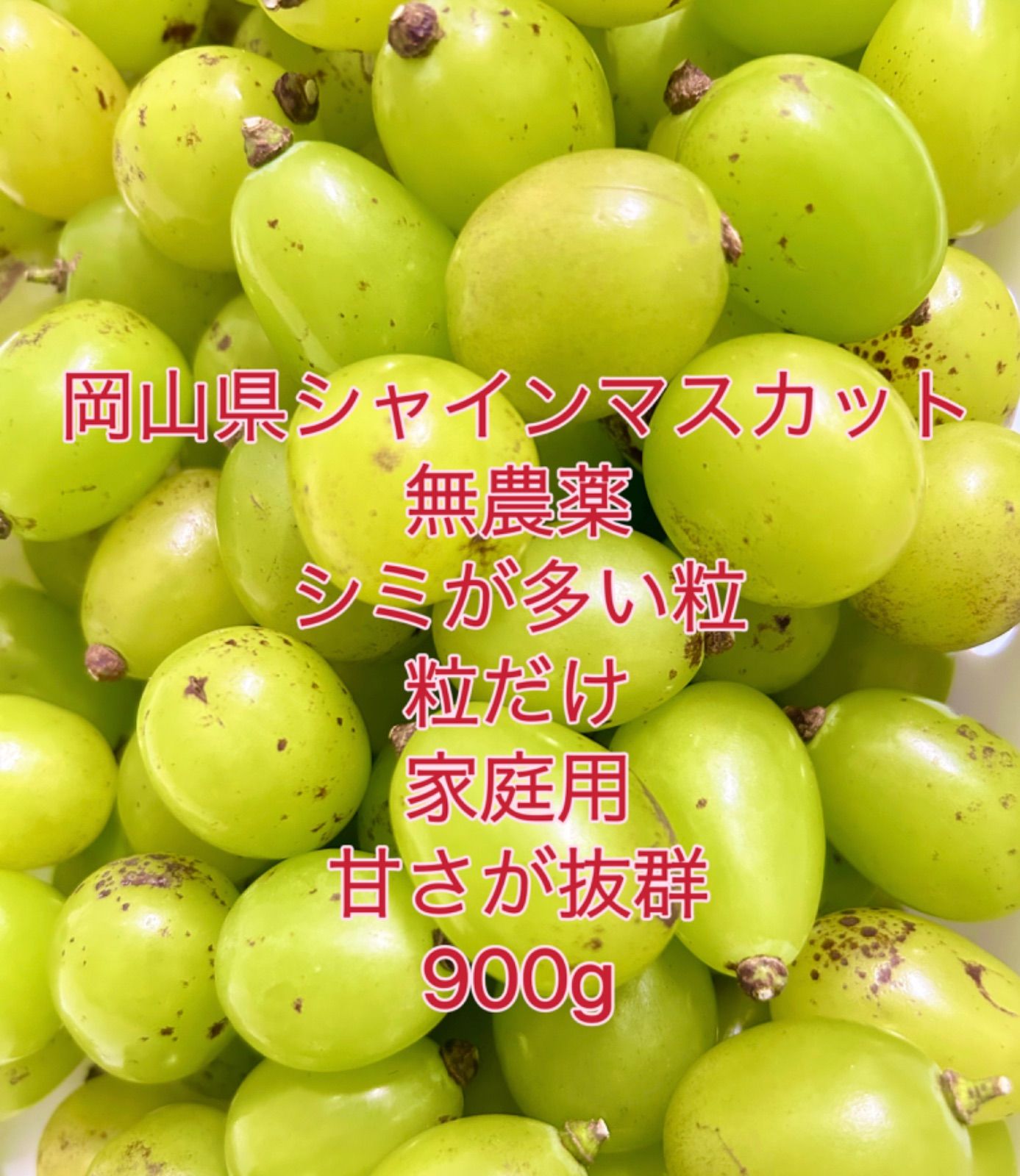 岡山シャインマスカット 無農薬900g粒だけ家庭用 シミが多い粒糖度16-25甘さが抜群特売品 限定品 - メルカリ