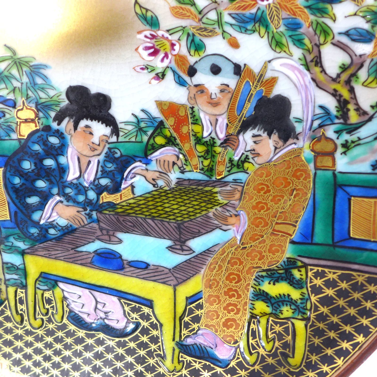 江】時代 古九谷 色絵山水花鳥人物文山形皿 5客 10×15.7㎝ 二重角福 木