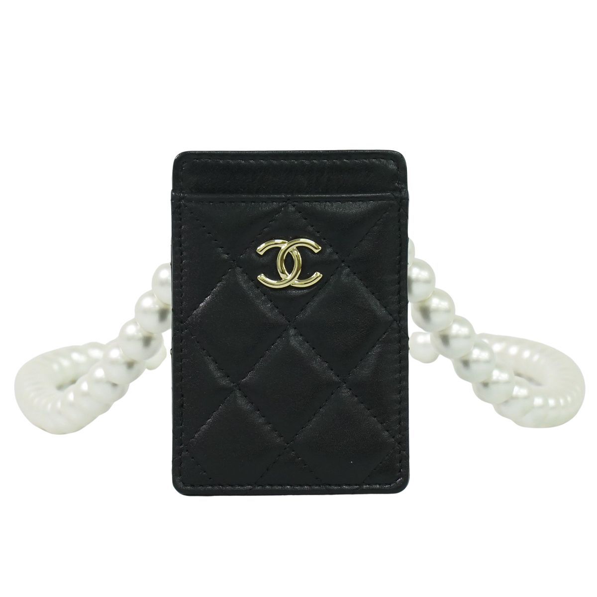 本物 シャネル CHANEL ココマーク マトラッセ フェイクパールチェーン カードケース パスケース ラムスキン レザー ブラック 雑貨小物 フォロー割