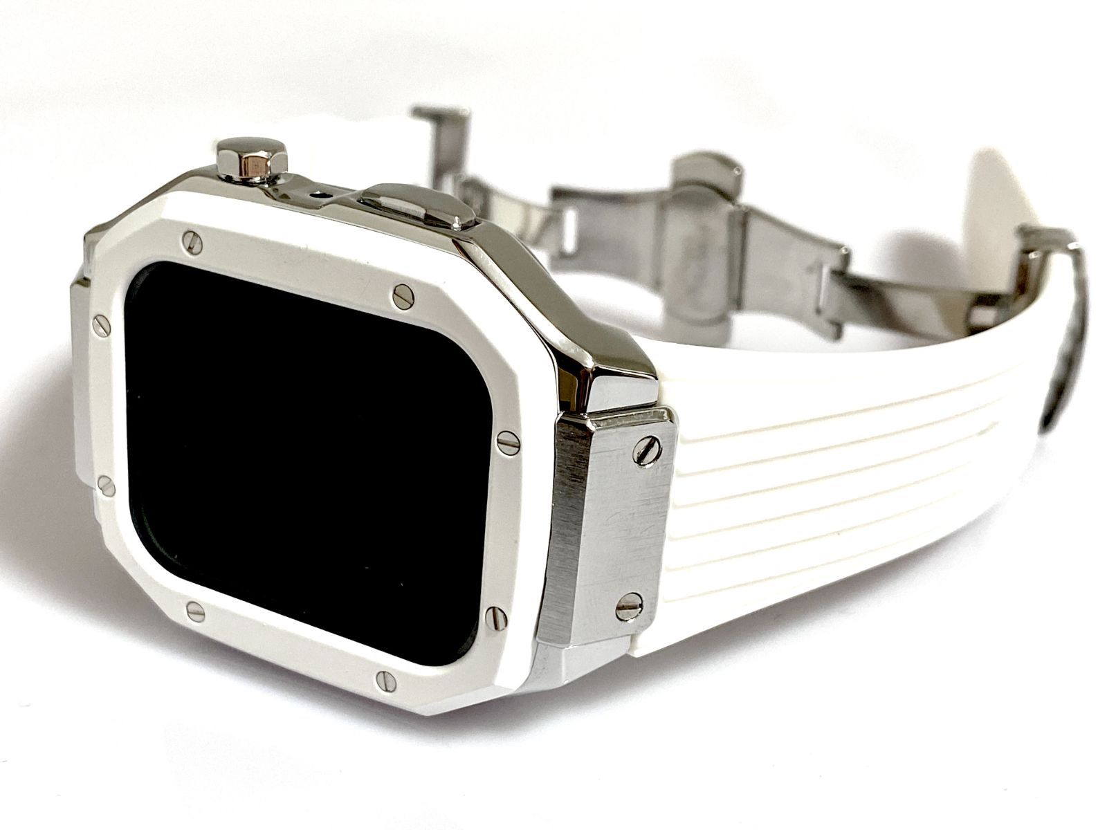 ホワイト アップルウォッチバンド ラバーベルト ステンレス カバー  