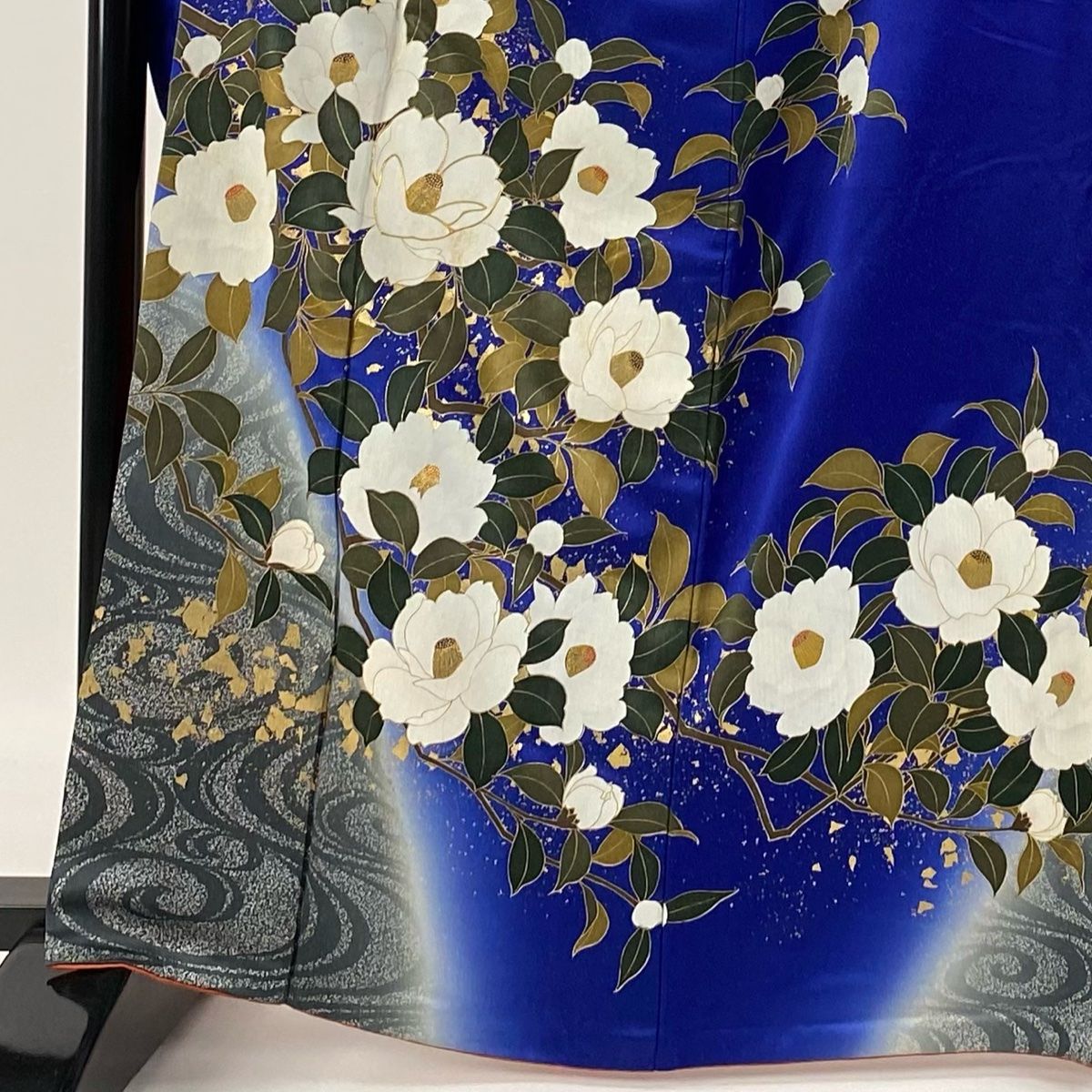 振袖 身丈165.5cm 裄丈66cm M 袷 椿 流水 金糸 金彩 青 正絹 秀