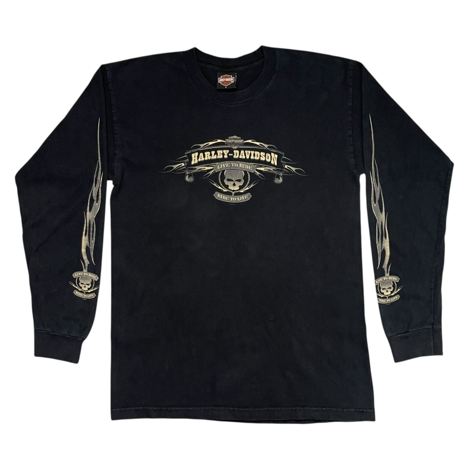 【__h8._ 】00s ハーレーダビッドソン スカル 黒 フレイム M ハーレーダビッドソン 袖フレイム 長袖Tシャツ ロンT スカル