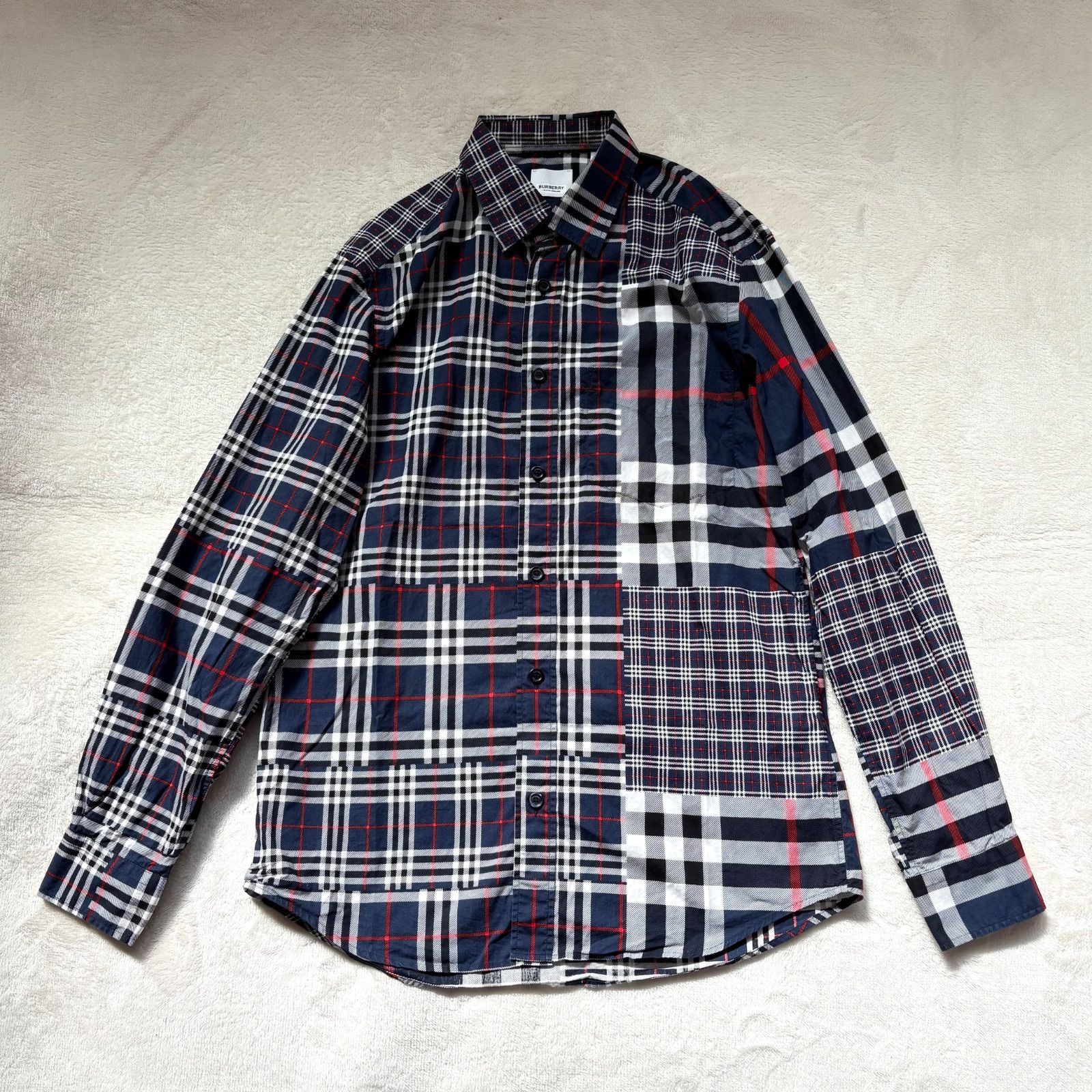 現行 BURBERRY バーバリー パッチワーク ノバチェック 長袖シャツ カットソー メンズ S