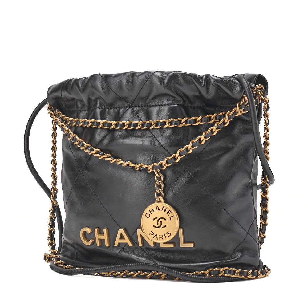 ❤CHANEL❤ブラックラメ巾着ショルダーバッグゴールドチェーン CHANEL シャネル シャネル22 ミニ カーフスキン 黒 巾着 チェーン