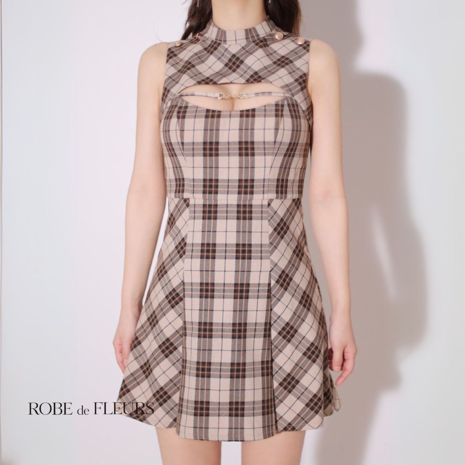 ROBE de FLEURS ローブドフルール fm3326 バストカットノースリーブチェックミニキャバドレス Beige MAAHADDERANG_COM