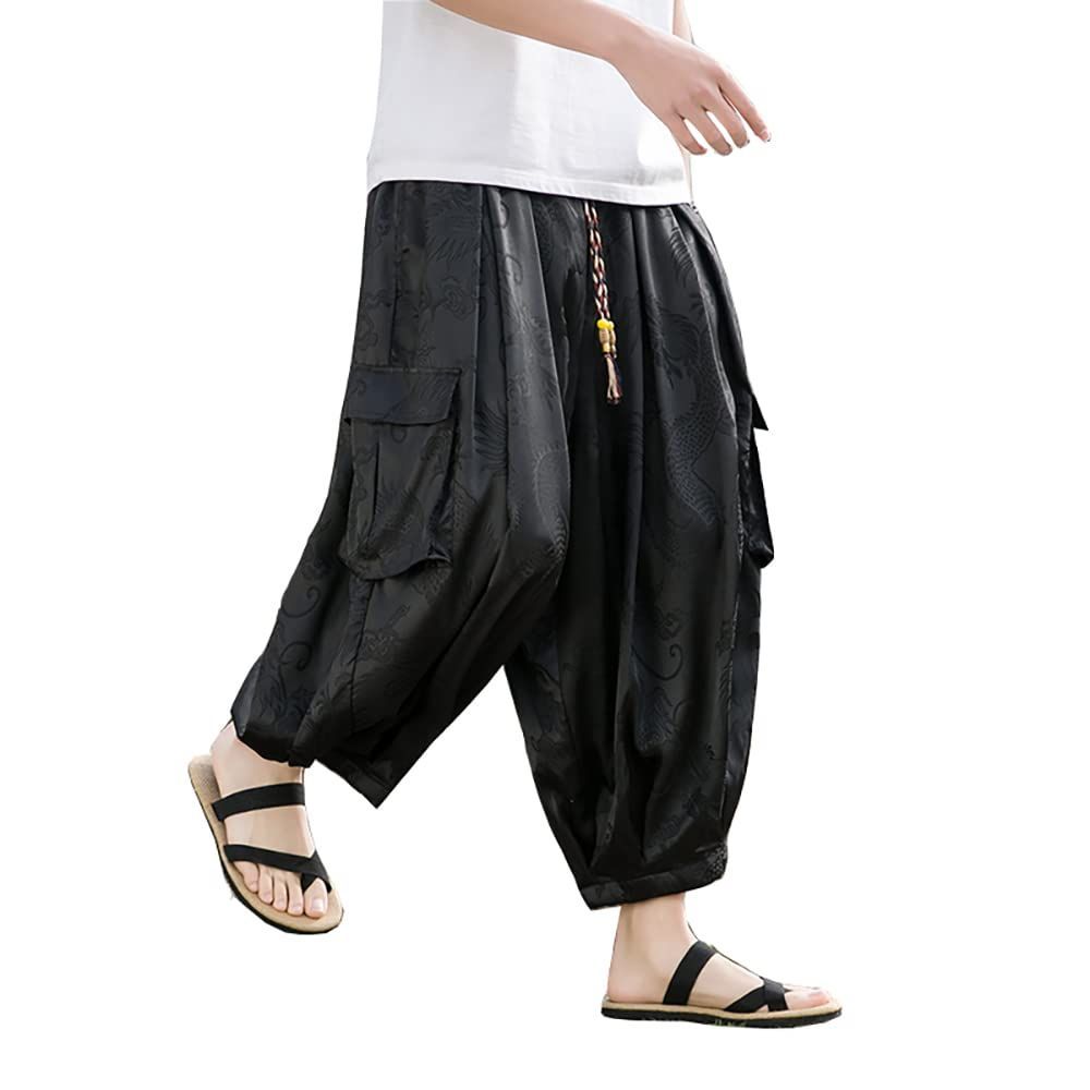 Size:XL_Color:#1872：ブラック [foveitaa] メンズ 夏服 サルエルパンツ ワイドパンツ 大きいサイズ 和風 エスニック アラジンパンツ ガウチョパンツ ズボン 袴パンツ ボトムス 調整紐 無地 ゆったりパンツ 部屋着 クロップドパン