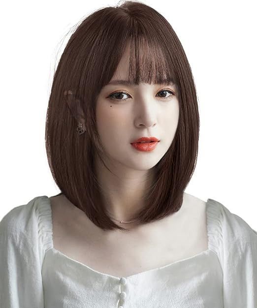 AISI HAIRウィッグ ボブ ストレート ミディアム フルウィッグ レディース ワンカール ぱっつん前髪 小顔 ネット付き かつら ダークブラウン