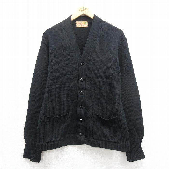 M 古着 長袖 ビンテージ レタード ニット カーディガン メンズ 60s ウール 黒 ブラック spe 25oct08 トップス