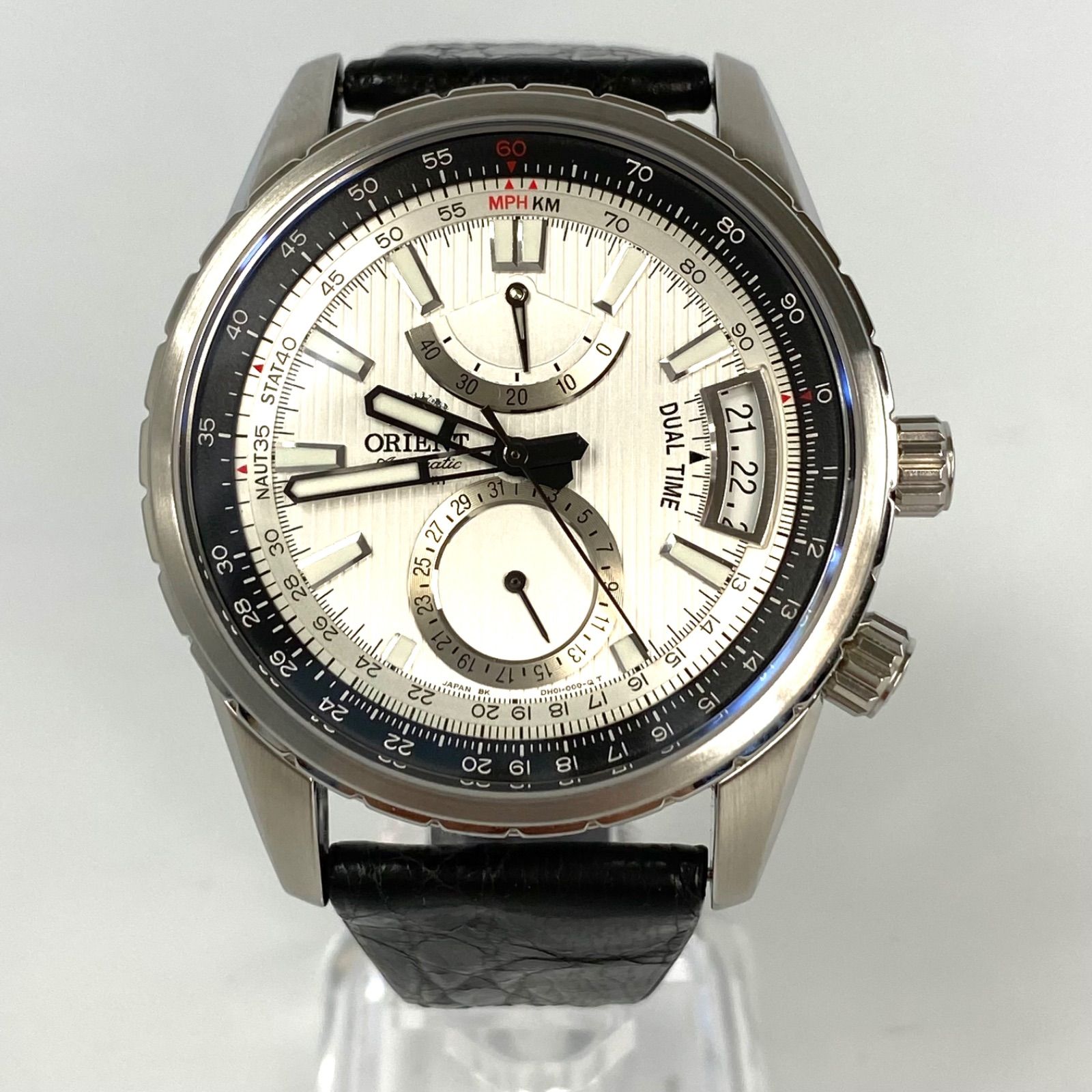 美品】オリエント 自動巻 デイト表示 裏スケ パワーリザーブ シルバー