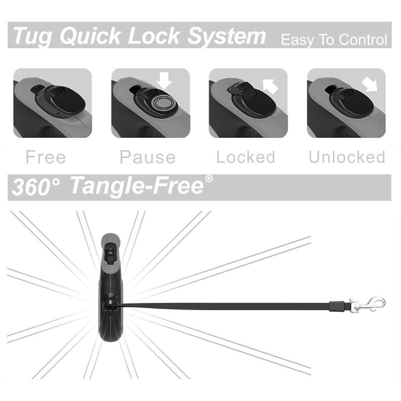  TUG 360°絡まない格納式犬用リード 最大50 kgの犬に対応 5 m 強力ナイロンテープ リボン 片手ブレーキ 一時停止 ロック Lサイズ グレー 1 リード 首輪 ハーネス リード