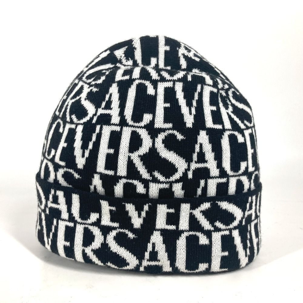 VERSACE ヴェルサーチ ニット帽 総柄 ロゴ ウール ブラック - メルカリ