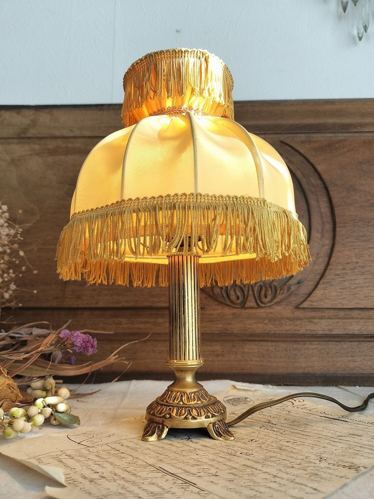 フランス アンティーク 装飾付き 卓上ランプ 布シェード つき シェード付き 照明 ライト