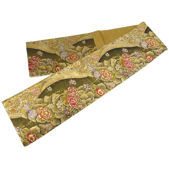 袋帯 振袖用 USED 正絹 仕立て上がり 黒×金 バラ No11 六通柄 振袖用  