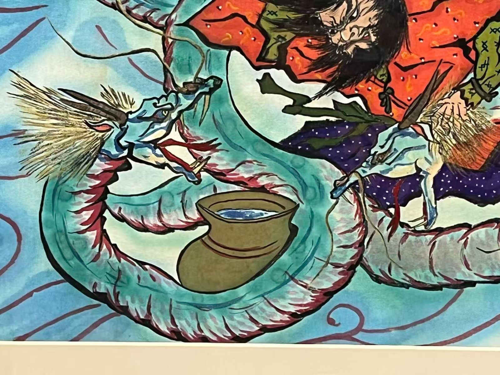  鍾馗 龍騎 風巻 額装 日本画風 妖怪絵 神話美術 本紙サイズ約44 62 cm 水墨画 絵画