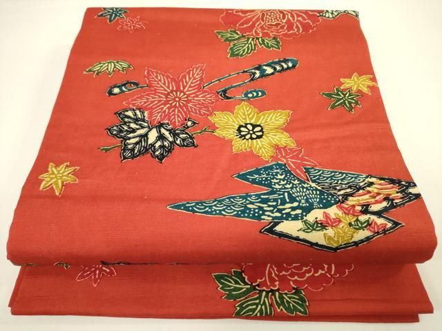 平和屋着物◎九寸開き名古屋帯 紬地 型染 牡丹風景文 正絹 逸品