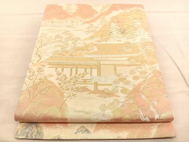 平和屋着物◎六通柄袋帯 美綾にしき 風景文 金銀糸 引箔 正絹