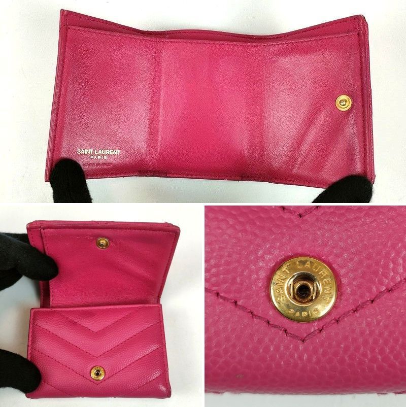 SAINT LAURENT サンローラン 三つ折り財布 Vステッチ ピンク YSL ロゴ