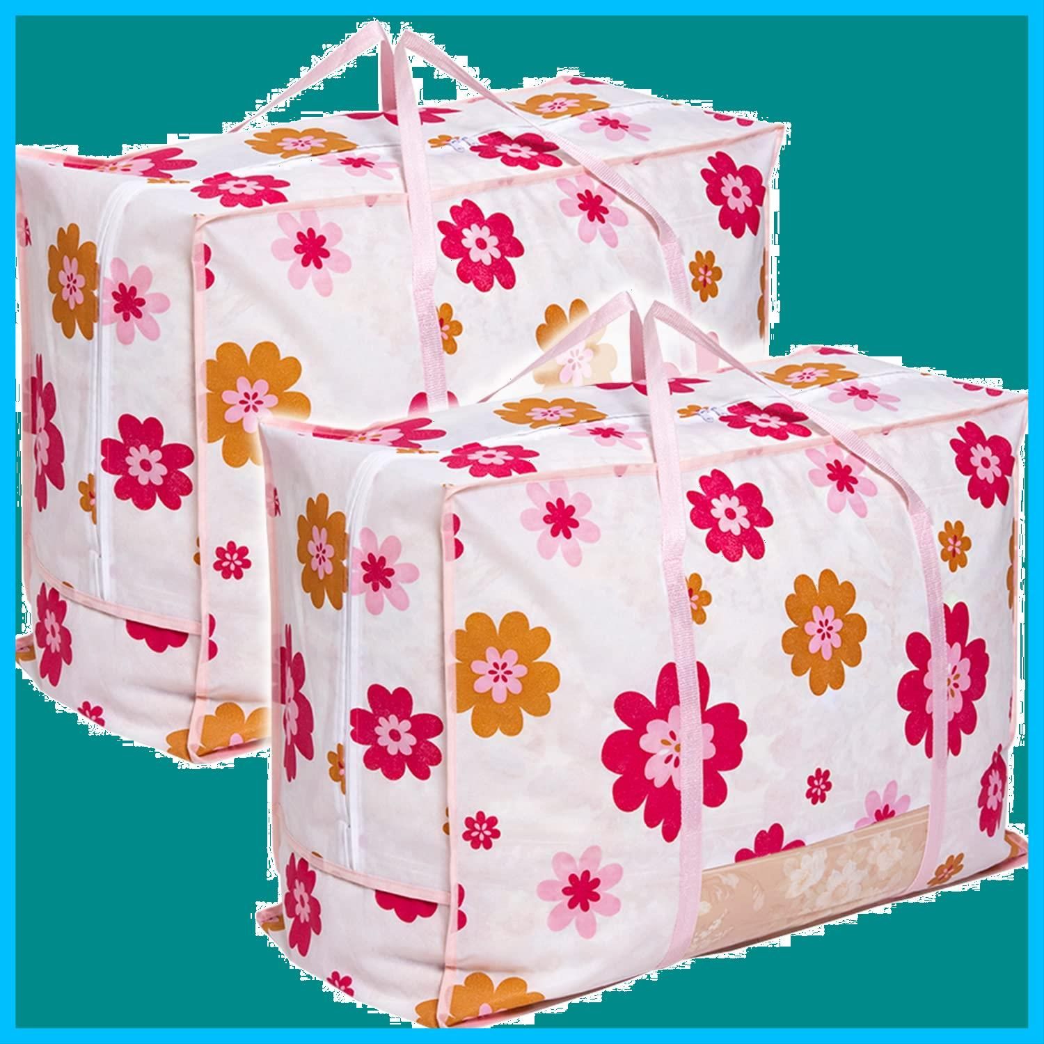 新着商品 アストロ 収納ケース 羽毛布団 シングルサイズ ダブルサイズ兼用 ホワイト 花柄 2個組 不織布 収納袋 布団収納バッグ ソフトケース フラワープリント 折りたたみ 持ち手 透明窓付き 618-93