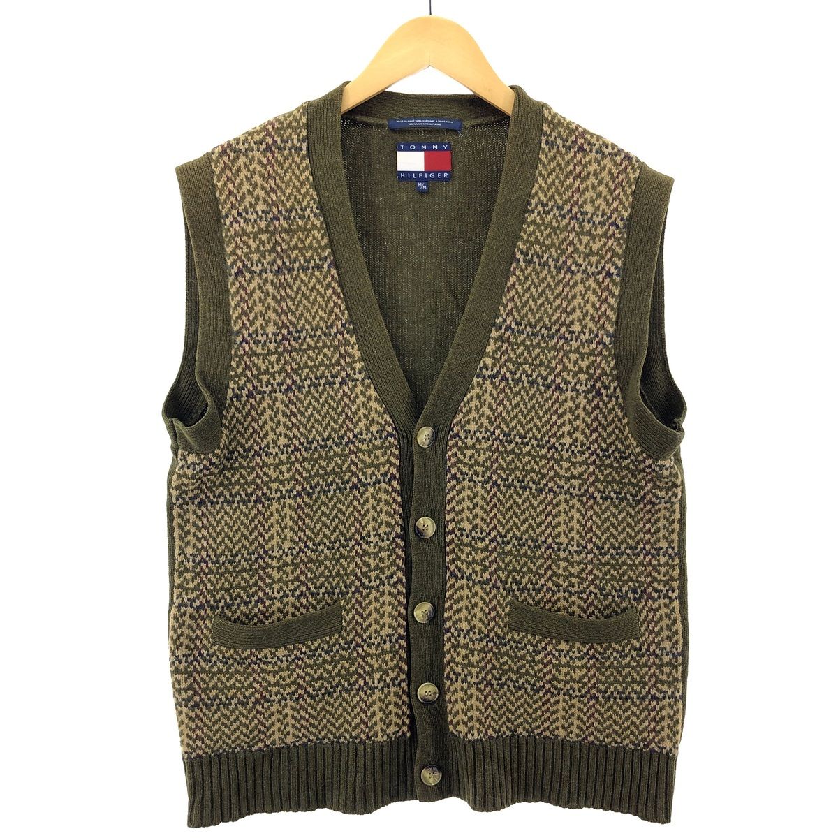 古着 90年代 トミーヒルフィガー TOMMY HILFIGER 総柄 前開き アクリルべスト メンズM ヴィンテージ/eaa383119