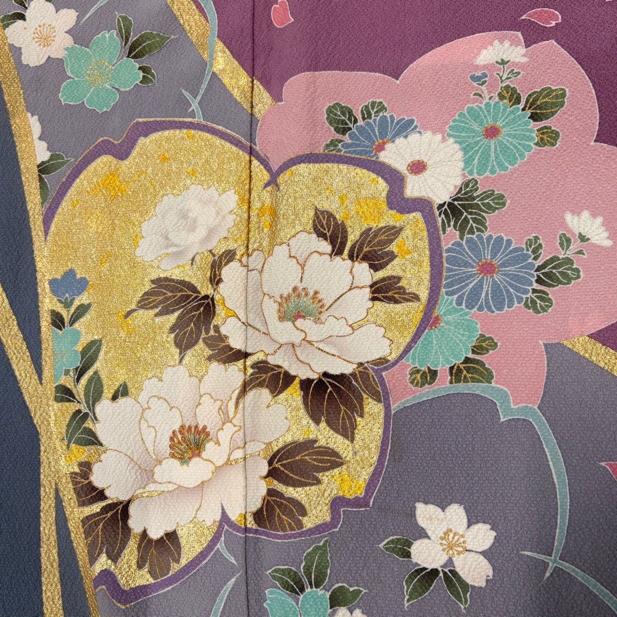 【専用】振袖 着物 中古 正絹 薔薇模様 身丈156cm M A1085-8 振袖 身丈156cm 裄丈65.5cm M 袷 桜 草花 箔 金彩 紫 正絹 秀品