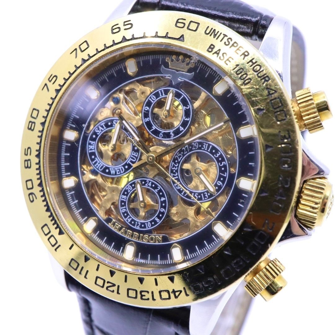 ジョン ハリソン J.Harrison 腕時計 JH-003C スケルトン 自動巻き ゴールド ブラック メンズ レザーベルト アナログ タキメーターベゼル シースルーバック クラシック ゴージャスデザイン G2