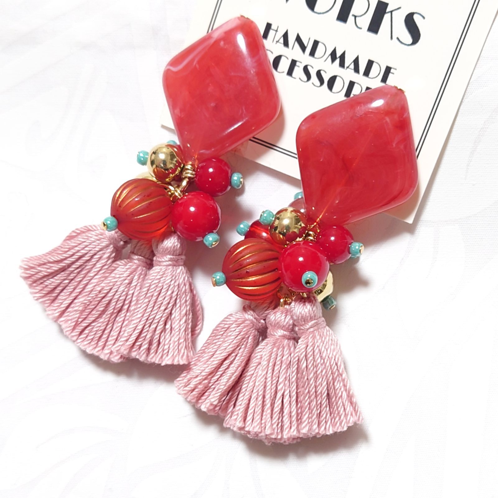 アクセサリー 【A398】タッセル ピアス レッド ピンク 大ぶり