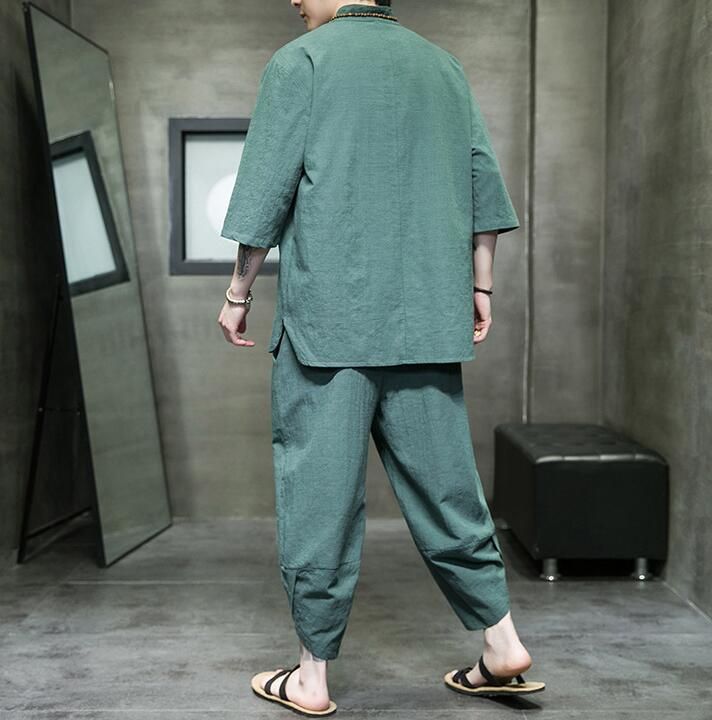 リネン サルエルパンツ 七分袖 セットアップ おすすめ 4色 楽天市場】セットアップ 綿麻 リネン 上下セット メンズ 7分袖 T