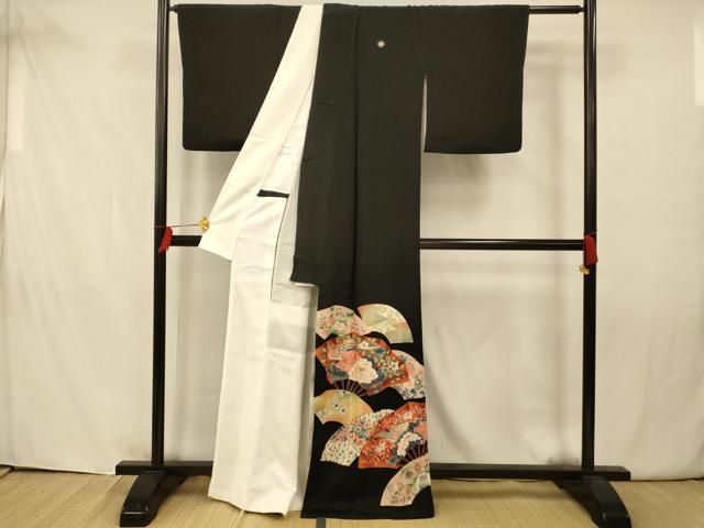 平和屋着物□豪華黒留袖 駒刺繍 孔雀草花扇子文 金糸 金彩 正絹