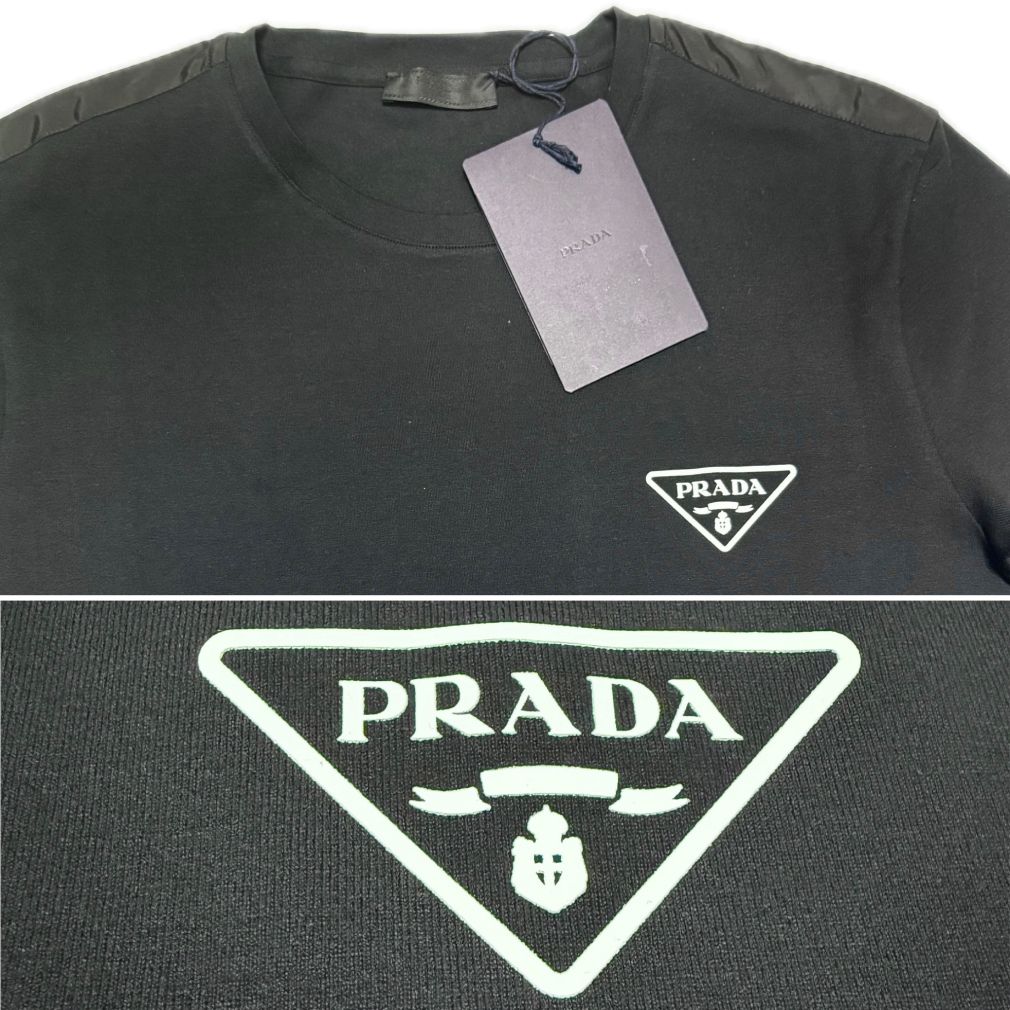 新品プラダPRADAメンズ異素材mix クルーネックロゴTシャツ黒#XXL