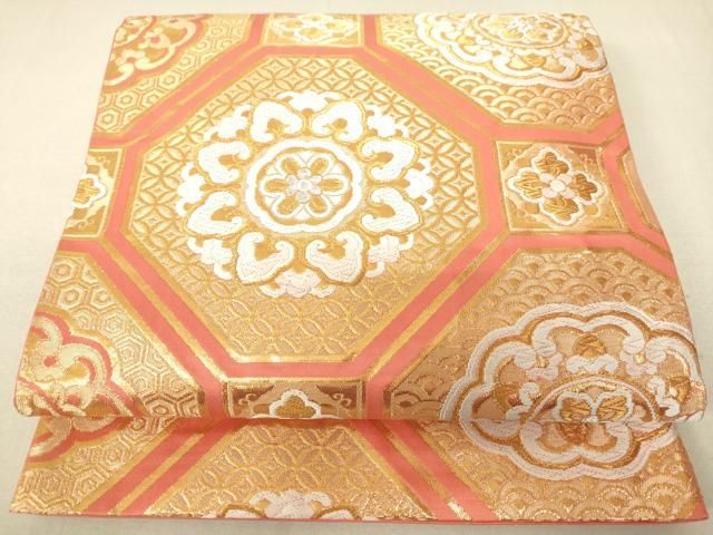 ユ44未使用名古屋帯 全通柄 花 正绢 金糸着物仕立て上り美品 平和屋着物◎六通柄袋帯 蜀江花文 金糸 正絹 逸品 未使用